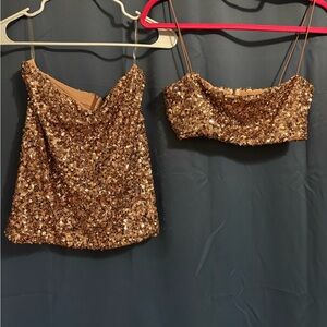 Glittering Rose Gold Sequin Top and Skirt Set